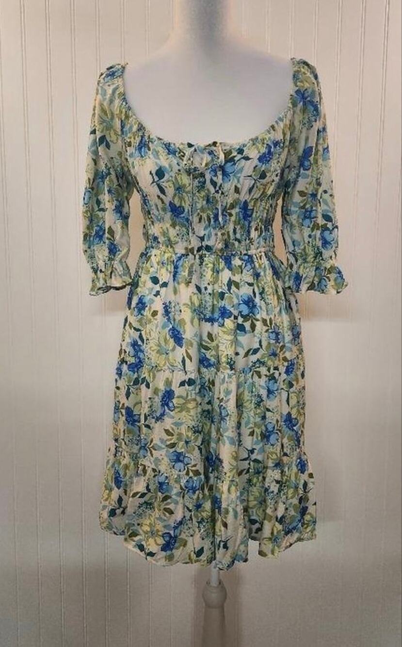 Mary & Mo Floral Peasant Dress Small Blue Green Cottagecore Tiered Milkmaid